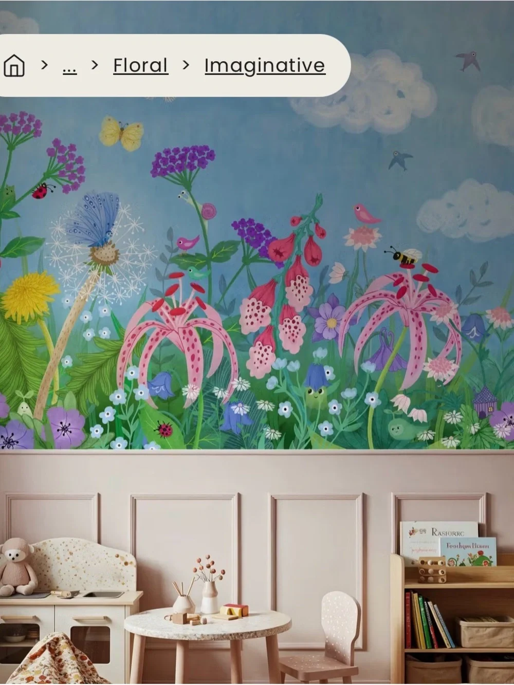 Whimsical Floral Garden Wallpaper Mural in Blue and Pink